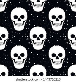 Vector black and white hand drawn seamless pattern illustration of skull with tooth, silhouette face of human Icon, print horror for background Mexican style, day of the dead, halloween Sketch, doodle