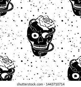 Vector black white hand drawn seamless pattern illustration, skull with snake, rose tooth, silhouette face of human Print horror Mexican style, day of the dead Mexico, halloween Sketch, tattoo drawing