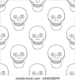 Vector black and white hand drawn seamless pattern, illustration of skull with tooth, silhouette face of human print horror for fabric. Mexican style, day of the dead, halloween Sketch, doodle drawing