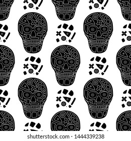 Vector black and white hand drawn seamless pattern, illustration of skull with geometrical tribal figures, Print horror for fabric. Mexican style, day of the dead, halloween. Sketch, doodle drawing