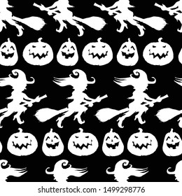 Vector black and white hand drawn halloween repeat pattern. Suitable for invitation card, halloween party poster or gift wrap.