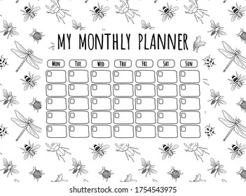 Vector black and white hand drawn monthly planner with various insects, schedule template. 