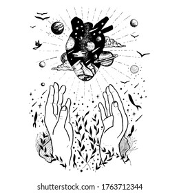 Vector black white hand drawn fantasy illustration with hands and cosmic heart  print tshirt poster 