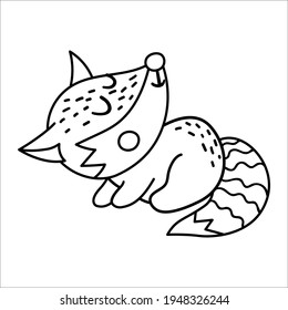 Vektorschwarz-weißer, handgezeichneter Babyfuchs. Cute kleine Waldtierlinie Symbol einzeln auf weißem Hintergrund. Süße Waldgrafik- oder Farbseite.
