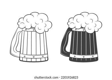 Vector Black and White Hand Drawn Monochrome Wooden Beer Mug Set. Beer Drinks with a Lot of Foam