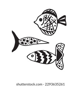 Vector black and white hand drawn contour set with different fish in the Scandinavian style on a white background. Children coloring book with fish. Undersea world. Sea inhabitants.
