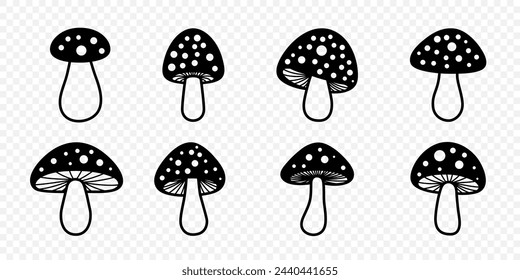 Vector Black and White Hand Drawn Cartoon Mushrooms. Amanita Muscaria, Fly Agaric Illustration, Cutout Mushrooms Collection. Magic Mushroom Silhouette, Design Template