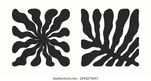 Vector black and white hand drawn floral square compositions.Hand drawn organic abstract shapes.Trendy contemporary art perfect for prints,flyers,banners,fabriс,branding design,covers.