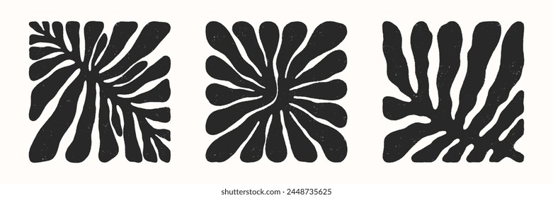 Vector black and white hand drawn floral square compositions.Hand drawn organic abstract shapes.Trendy contemporary art perfect for prints,flyers,banners,fabriс,branding design,covers.
