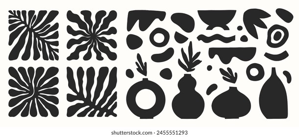 Vector blanco y negro dibujado a mano Matisse arte estético. Dibujado a mano formas y jarrones de naturaleza abstracta orgánica. Gráfico de moda perfecto para estampados, volantes, Anuncios, с, diseño de marca, cubiertas.