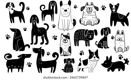 Vector black and white hand drawn childish set dogs illustration. Animal cartoon cute doodle pet art and funny drawing collection. Adorable mammal vet outline