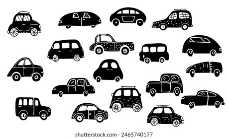 Vector black and white hand drawn childish set cars illustration. Doodle child cute transportation isolated white and traffic truck. Sketch icon simple automobile