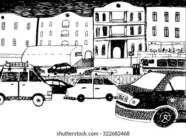 vector black and white  hand drawn illustration of traffic jam with a lot of cars on the street