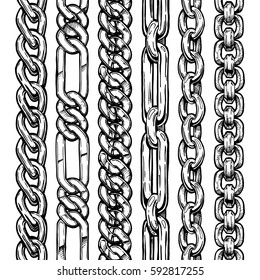 Vector black and white hand drawn set of different seamless chains. illustration Isolated on white background  