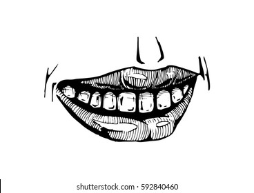 Vector black and white hand drawn illustration of woman  smile lips