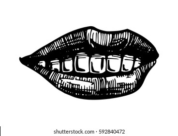 Vector black and white hand drawn illustration of woman  smile lips