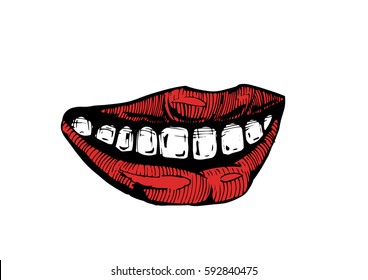 Vector black and white hand drawn illustration of woman smile lips in old fashioned style