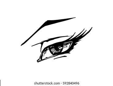 Vector black and white hand drawn illustration of woman eye in comics style. Isolated on white background