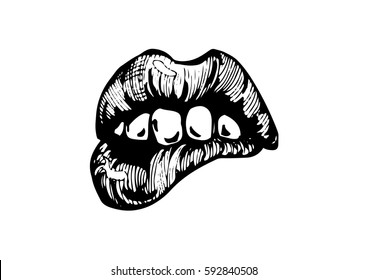Vector black and white hand drawn illustration of woman sexy biting lips in comics style. Isolated on white background
