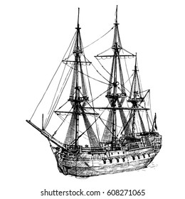 Vector Black And White Hand Drawn Illustration Of East Indiaman. 18th Century Cargo Ship Amsterdam, Sailboat.