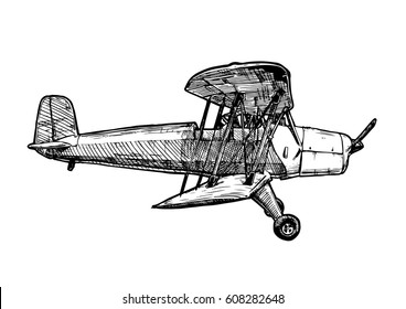 Vector black and white hand drawn illustration of vintage biplane. Airplane isolated on white background. Side view.