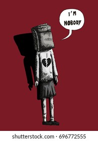 vector, black and white, hand drawn illustration of a girl with a paper bag on her head and saying I'm Nobody on a red background