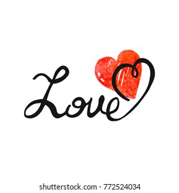 Vector black and white hand drawn typography poster letters love with red watercolor heart shape. Can be used as greeting cards, Valentine day, wedding, prints or home decorations.
