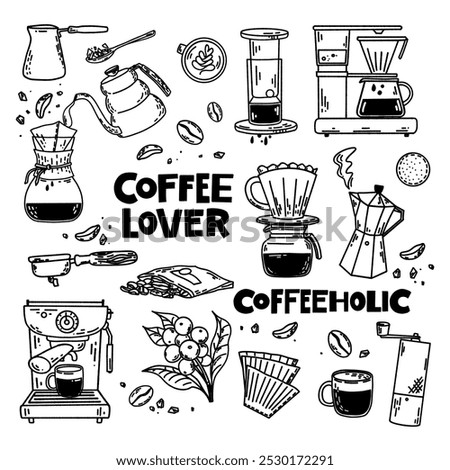 Vector black and white hand drawn set of coffee aestetics: tools for coffee making accessories for classic and alternative methods of brewing coffee, beans, lettering. 