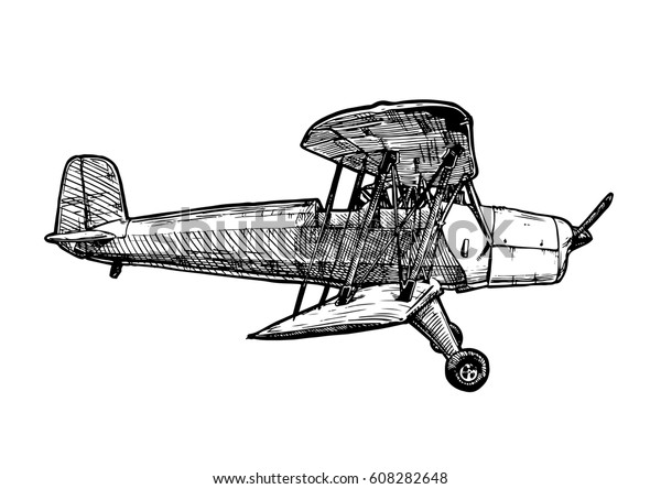 ビンテージ ビプレーンのベクター白黒の手描きのイラスト 白い背景に飛行機 側面図 のベクター画像素材 ロイヤリティフリー