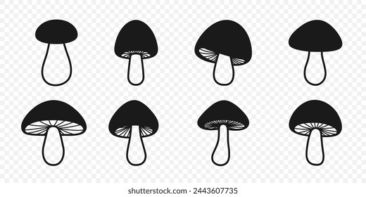 Vector Black and White Hand-Drawn Cartoon Mushrooms. Mushroom Illustration, Mushrooms Collection, Hand-Drawn Mushroom Design Template