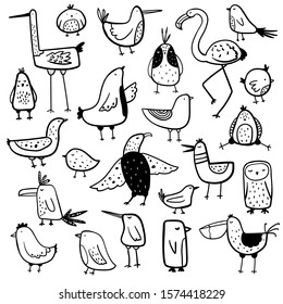 Vector black and white hand-drawn  childish set with Various cute contour birds  in Scandinavian style on a white background. Vector set with doodle birds.