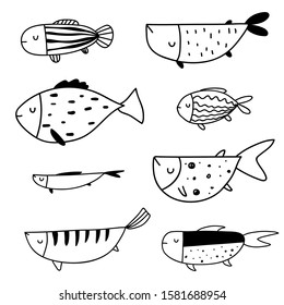 Vector black and white hand-drawn contour children`s set with different fish in the Scandinavian style on a white background. Children's coloring book with fish. Undersea world. Sea inhabitants.
