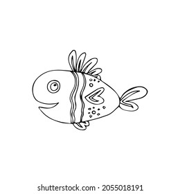 Vector black and white hand-drawn contour children`s set with different fish in the Scandinavian style on a white background. Children's coloring book with fish. Undersea world. Sea inhabitants.