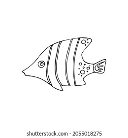 Vektor schwarz-weiß handgezeichnet Umrisskinder mit verschiedenen Fischen im skandinavischen Stil auf weißem Hintergrund. Kinderfarbbuch mit Fisch. Unterseewelt. Meeresbewohner.
