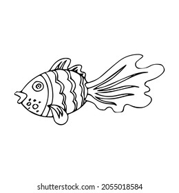 Vector black and white hand-drawn contour children`s set with different fish in the Scandinavian style on a white background. Children's coloring book with fish. Undersea world. Sea inhabitants.