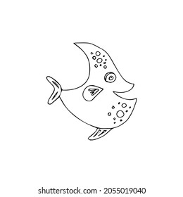 Vector black and white hand-drawn contour children`s set with different fish in the Scandinavian style on a white background. Children's coloring book with fish. Undersea world. Sea inhabitants.