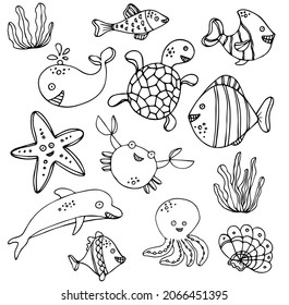 Vektor schwarz-weiß handgezeichnet Umrisskinder mit verschiedenen Fischen im skandinavischen Stil auf weißem Hintergrund. Kinderfarbbuch mit Fisch. Unterseewelt. Meeresbewohner.