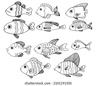 El conjunto de los niños de contorno blanco y negro con diferentes peces de estilo escandinavo sobre un fondo blanco. Libro de colorear para niños con pescado. Mundo submarino. Habitantes del mar.