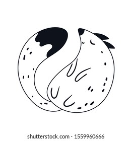 Vector black and white hand-drawn cute baby fox contour illustration on a white background. Coloring page for kids with cute fox. Cute animals. Scandinavian coloring book.