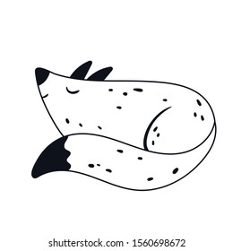 Vector black and white hand-drawn cute baby fox contour illustration on a white background. Coloring page for kids with cute fox. Cute animals. Scandinavian coloring book.