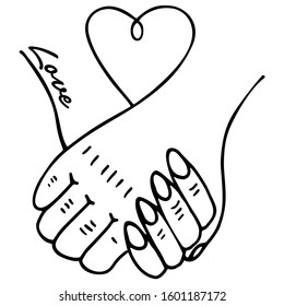 Vector black and white hand-drawn illustration. A loving couple is holding on. The lines will connect in the heart. Love. Ideal for paper and gift products. Design greeting cards and wedding invitation