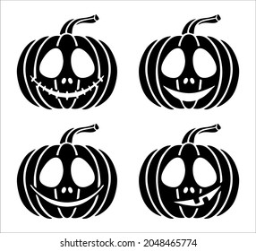 Vector Black and white hand-drawn illustration set of 4 Halloween Pumpkins with a carved face