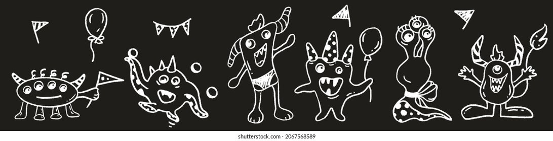 Vektorschwarz-weiß handgezeichnet Illustration von 6 lustigen Monstern
