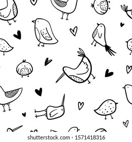 Vector black and white hand-drawn seamless repeating childish pattern with Various cute contour birds and hearts in Scandinavian style on a white background. Seamless pattern with doodle birds.