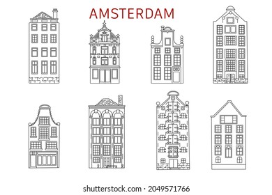 Vector black and white hand-drawn sketch  skyline of Amsterdam houses. Coloring page with architectural line art illustrations.