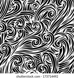 Vector black and white hand-drawn waves pattern. Seamless abstract background. Waves template. Seamless pattern can be used for wallpaper, web page background, textile or wrapping paper. EPS 8.