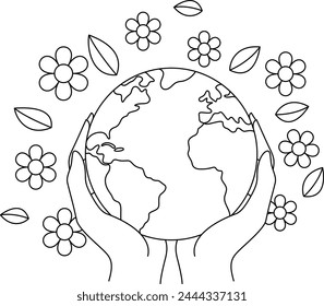 Vector black and white hands holding earth with flowers. Earth day line illustration with cute planet. Environment friendly icon with globe.  