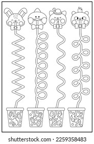 Vector black and white handwriting practice worksheet with cute kawaii animals drinking bubble tea with different tastes. Printable activity for kids. Educational tracing game or coloring page
