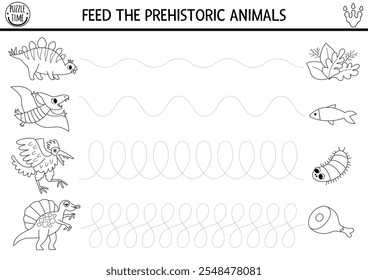 Vector black and white handwriting practice worksheet. Feed the dinosaur game. Prehistoric line printable drawing activity for children with ancient animals and food. Tracing coloring page
