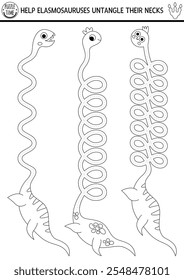Planilha de prática de caligrafia em preto e branco vetorial com dinossauros. Desemaranhar os pescoços de elasmosaurus. Atividade de desenho imprimível de linha pré-histórica com animais. Jogo de traçado ou página de cores